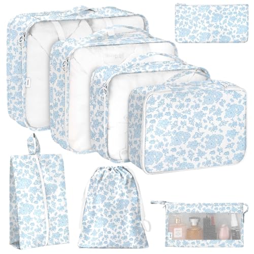 8 Set Packing Cubes for Travel, Luggage Packing Organizers Accessories Large Toiletries Bag for Clothes Shoes Cosmetics (Blue Flower) - color: 8Set-Blue Flower