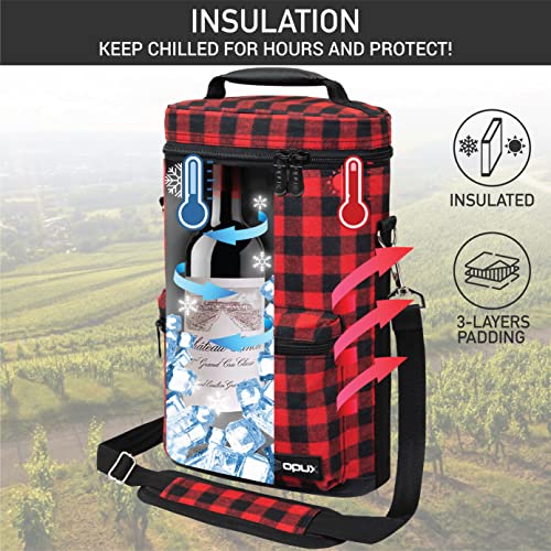 Opux 2 Bottle Wine Tote Carrier, Insulated Cooler Bag for Travel Picnic, Leakproof Padded Case, Wine Gifts for Women & Men, Plaid Buffalo Red - color: Buffalo Plaid Red