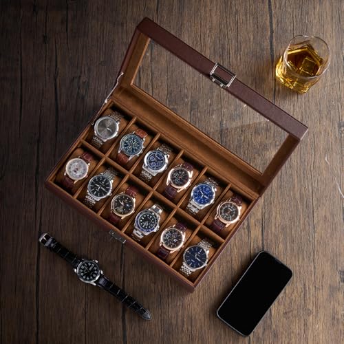 ProCase 12 Slot Watch Case Box for Men, PU leather Man Watch Organizer with Soft Pillow, Lockable Watch Collection Storage Holder with Glass Display Lid, Fathers Day Gift for Dad -Espresso - color: Espresso, size: 12-Slot