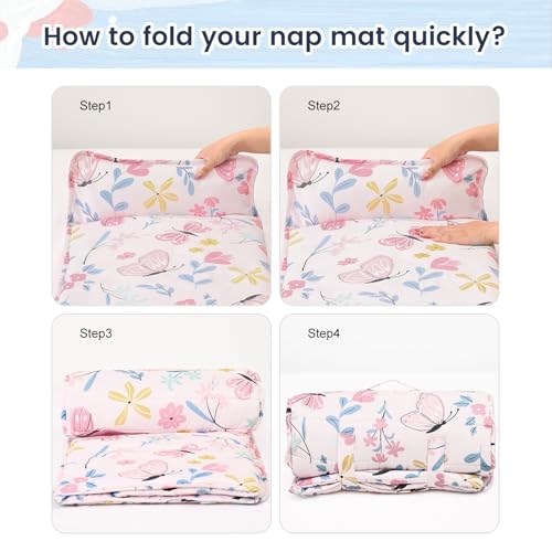 PHF Soft Toddler Nap Mat with Removable Pillow, Rollup Design Kids Sleeping Mat, Slumber Bags for Girls, 55"x23" Toddler Sleeping Bag for Daycare Preschool Travel Camping, Butterfly - color: Butterfly