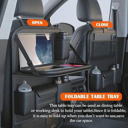 2 Pack Leather Car Backseat Organizer with Foldable Table Tray, Universal Car Seat Back Protector Kick Mat with Touchscreen Tablet Holder, Storage Pockets, Cup Holders & Tissue Holder, Black - color: Black