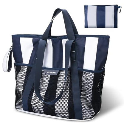 PASMAN Large Beach Bag with Zipper-8 Pockets Sandproof Beach Tote Bag for Women,Foldable Lightweight Family Swim Bag Vacation - color: Navy