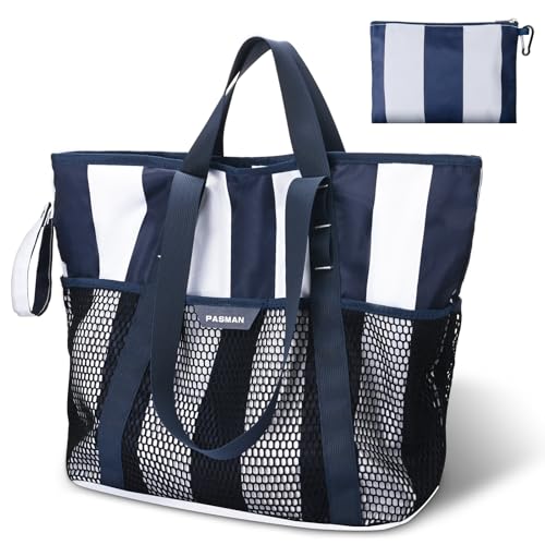 PASMAN Large Beach Bag with Zipper-8 Pockets Sandproof Beach Tote Bag for Women,Foldable Lightweight Family Swim Bag Vacation - color: Navy