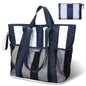 PASMAN Large Beach Bag with Zipper-8 Pockets Sandproof Beach Tote Bag for Women,Foldable Lightweight Family Swim Bag Vacation - color: Navy