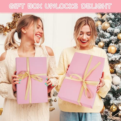 Large Pink Gift Box with Ribbon, 13.8" x 9" x 4.3" Groomsmen Proposal Box for Presents with Magnetic Closure Lids, Rectangle Collapsible Luxury Storage Box for Anniversary Wedding Birthday, 3 Pack - size: 1 count (Pack of 3)