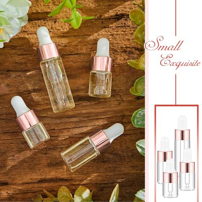 Didaey 20 Pcs Mini Glass Oil Dropper Bottle Bulk, Clear Essential Small Empty Bottles Sample Containers Perfume Liquid Vials with Cap for Traveling (1ml,2ml,3ml,5ml,Rose Gold) - color: Rose Gold, size: 1ml, 2ml, 3ml, 5ml
