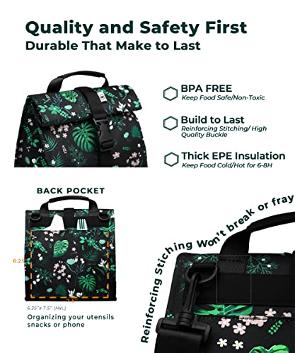 SUNNY BIRD Insulated Lunch Bag Rolltop Lunch Box Tote Bag for Women, Men, Adults and Teens (Floral & Foliage) - color: Floral & Foliage