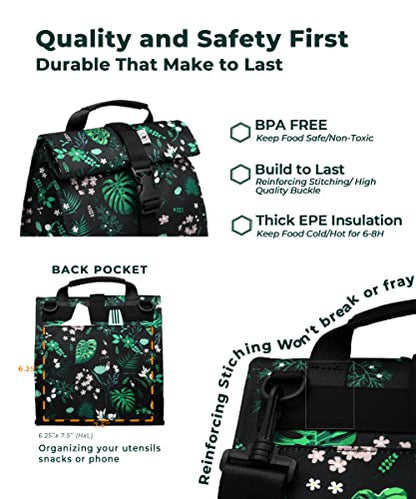 SUNNY BIRD Insulated Lunch Bag Rolltop Lunch Box Tote Bag for Women, Men, Adults and Teens (Floral & Foliage) - color: Floral & Foliage
