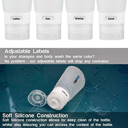 LiquiSnugs Premium - 100% Guaranteed Leak Proof Silicone Travel Bottles For Toiletries - TSA Approved Container. Premium Range Travel Shampoo Bottles with Suction Cups and Adjustable Labels
