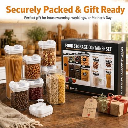 7-Piece Airtight Food Storage Containers with Lids, Clear Stackable Pantry Organization Set for Flour, Sugar, Cereal, Snacks and Kitchen Storage