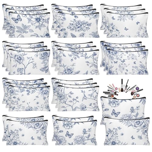 30Pcs Blue and White Floral Makeup Bag Floral Cosmetic Bags Bulk for Women Chinoiserie Wildflower Canvas Travel Toiletry Pouch for Bridesmaids Wedding Bridal Shower Birthday Party Supplies - style: Blue Floral
