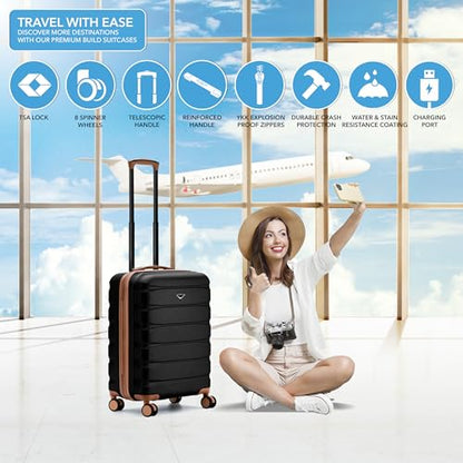 Flight Knight 22x18x10 Expandable Carry On Suitcase Hardside TSA Lock & USB C Port Lightweight Luggage Silent Double Spinner Wheels Maximum Spirit Overhead Carry-On Bag Airlines Approved Black - color: Black/Tan, size: 22x18x10"