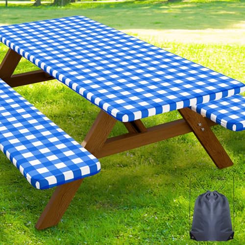 Smiry Picnic Table Cover with Bench Covers, Waterproof Elastic Fitted Tablecloths for 24x48 Rectangle Tables, Washable Buffalo Plaid Tablecloth for Camping, Outdoor (Blue & White, 24" x 48") - color: Blue and White, size: 24" x 48"