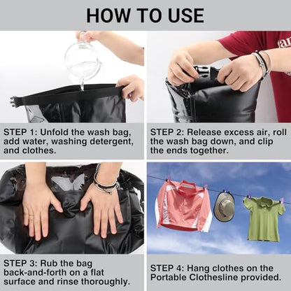 Travel Washing Machine & Retractable Clothesline - Hand Washing Machine & Portable Clothes Washer - Durable Travel Laundry Wash Bag & Camping Washing Machine - Portable Manual Clothes Washer - color: Black