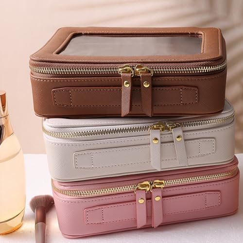 SANHECUN Toiletry bag waterproof cosmetic organizer with handle large opening for travelling car organizer (Brown) - color: Brown