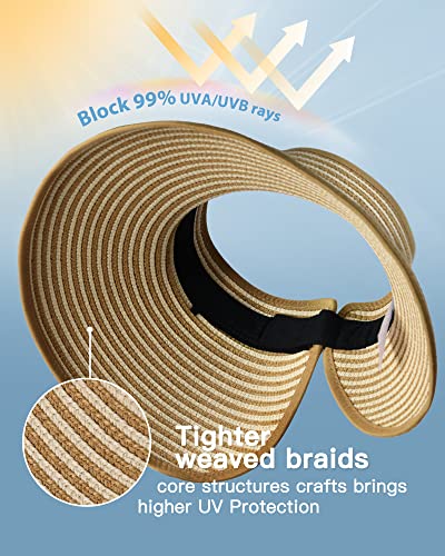 FURTALK Sun Hats for Women Wide Brim Beach Hat Straw Visor Ponytail Summer UV Packable Foldable Beach Vacation Essentials - color: 04-khaki Beige Stripes