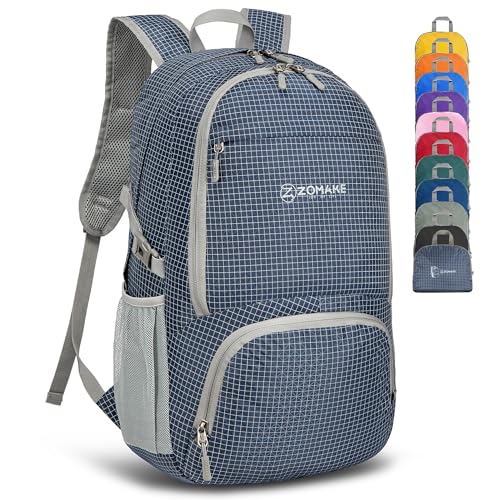 ZOMAKE Lightweight Packable Backpack 30L, Foldable Hiking Backpacks Water Resistant Compact Folding Daypack for Travel(Plaid Royal Blue) - color: Plaid Royal Blue
