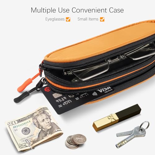 Double Eyeglasses Case Soft Portable Zipper Sunglasses Pouch with Keychain Clip for Men Women - color: Orange