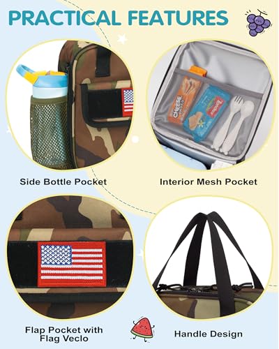 Tactical-style Lunch Bag 5L Kids Lunch Bag with Adjustable Shoulder Strap Easy to Clean Leakproof Wipeable liner Toddler Lunch Box Bag for Boys Girls School and Daycare - color: Green Camo