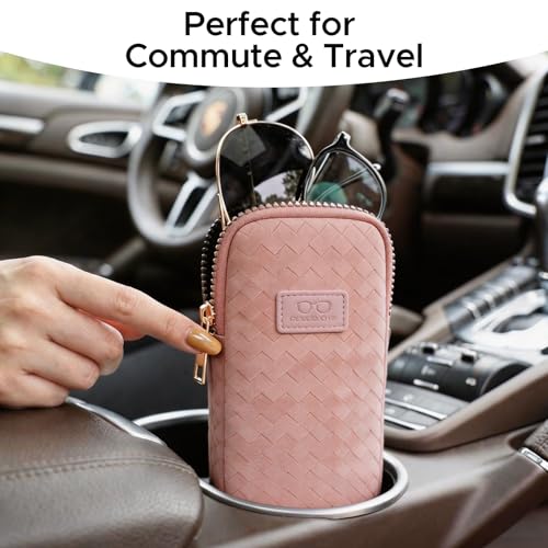 KINIVA Double Eyeglass Case for Men Women, 2-in-1 PU Dual Sunglasses Case, Scratch-Proof Travel Eyeglass Holder for Purse Car - style: Pink Woven