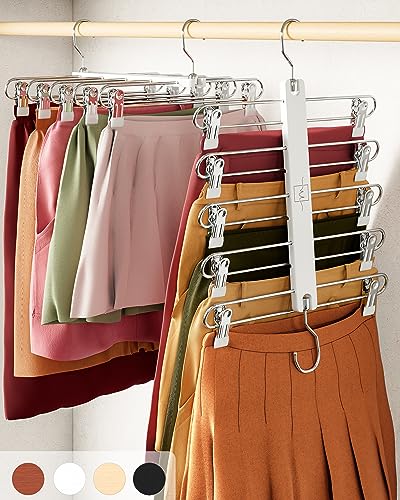 MORALVE Skirt Hangers Space Saving with Clips - 2 Pack - European Beechwood 5-Tier Hanger for Shorts, Skirts, and Pants - Closet Organizer and Storage Solution for Women with 360° Swivel Hook - color: White