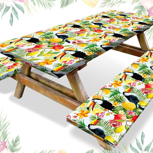 Boao 3 Pcs Vinyl Picnic Table Cover with Bench Cover 6 ft 30 x 72 Inch Waterproof Fitted Tablecloth Flannel Backing Rectangular Elastic Edged for Camping Outdoor Patio Travel(Toucan) - color: Toucan