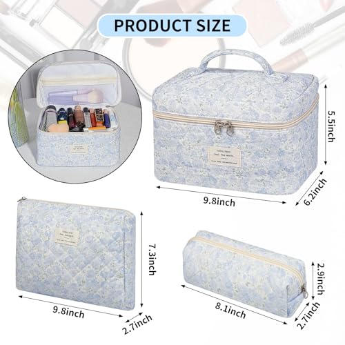 senbowe Floral Makeup Bag, 3 Pack Large Cotton Quilted Makeup Bag Set, Cute Floral Coquette Aesthetic Toiletry Bag Make Up Cosmetic Bag for Women, Toiletry Travel Make Up Organizer Bag - color: Light Blue Flower