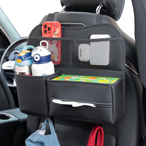 Leather Car Seat Back Organizer with Tissue Holder, Water Bottle Holder, Phone Holder for Road Trips. (Black) - color: Black