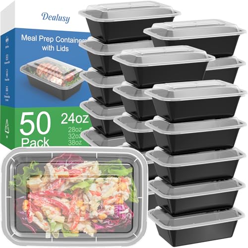 Dealusy 50 Pack (100-Piece) 24 oz Meal Prep Containers Reusable with Lids, Sturdy Leakproof & Food Safe, Microwave, Freezer, Dishwasher Safe Prep Containers, To Go Take Out Plastic Food Storage - size: 24 oz