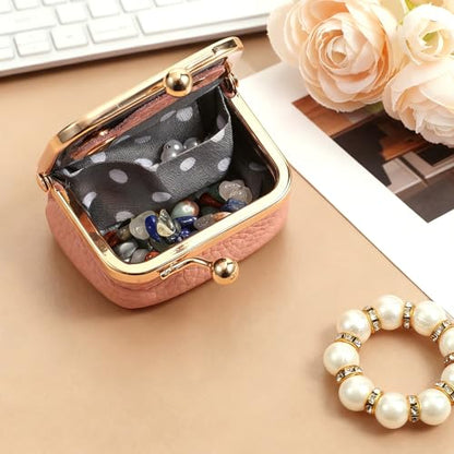 Mini Portable Jewelry Box, Leather Mini Travel Jewelry Case with Kiss Lock Small Rings Organizer Box for Women Rings Earrings Necklace Bracelets Storage