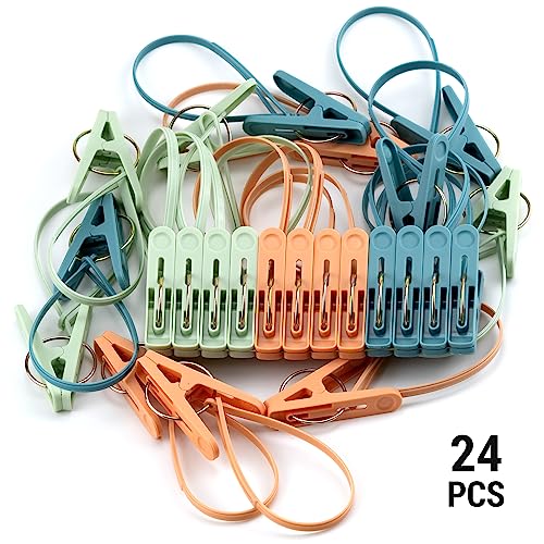 24 Pack Clothes Pins Clothes Peg Clip Pins with Plastic Rope for Clothesline Multicolor Drying Clothing Clips Hooks Windproof Clothes Hanger for Hanging Socks Hats Pants Bras Underwears Towel Photo