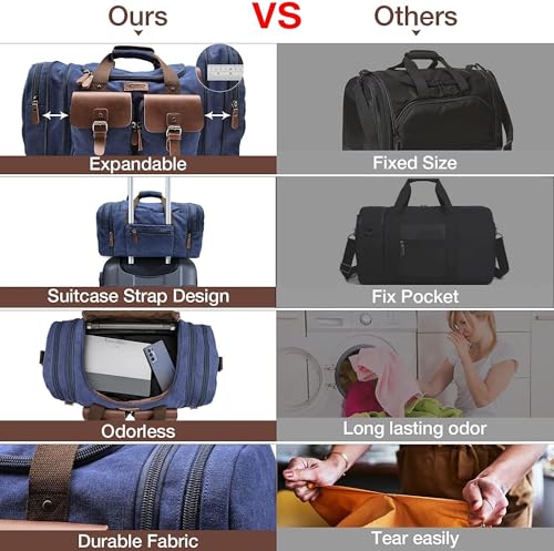 Wildroad 60L Travel Duffel Bag, Expandable Canvas Genuine Leather Duffle Bag Upgraded Overnight Weekender Bag Carry on Bag - color: Blue, size: X Large-60L Duffle Bag