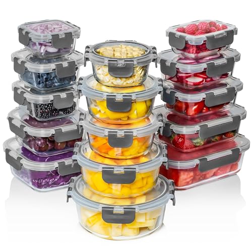 Razab 30 PC Glass Food Storage Containers with Lids - Reusable Glass Meal Prep Containers for Lunch and Leftovers - Airtight & Leakproof Snap Locking Lids - Oven, Freezer, Microwave & Dishwasher Safe - color: Gray