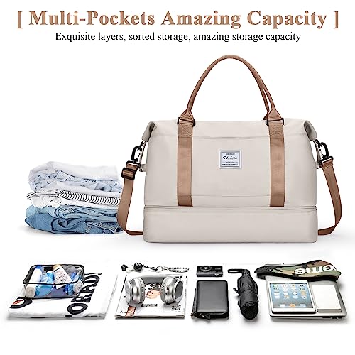 Travel Duffel Bag with Shoes Compartment, Overnight Weekender Bags for Women,Carry on Personal Item Bag，Extra Large - color: A-Beige & Brown, size: Extra Large