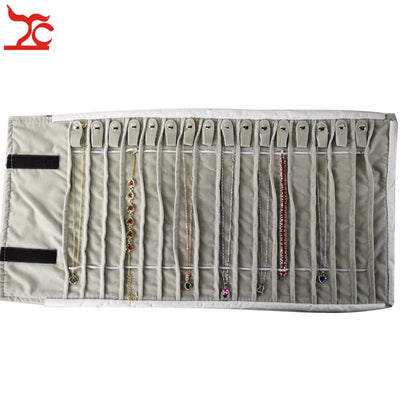 Portable Jewelry Roll Untangled Secure Necklace Travel Storage Bag Displays Holder 16 Chain (Black PU and gray velvet) - color: Black PU and gray velvet