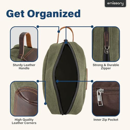 Emissary Men's Leather and Canvas Travel Toiletry Dopp Kit, Shaving Bag (Dark Green) - color: Dark Green
