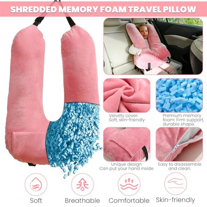 Travel Pillow, Car Pillow for Kids & Adults, Kid Travel Sleeping Pillows for Neck & Body Support, Car Travel Essentials Pillow on Road Trips, Pink - color: Pink