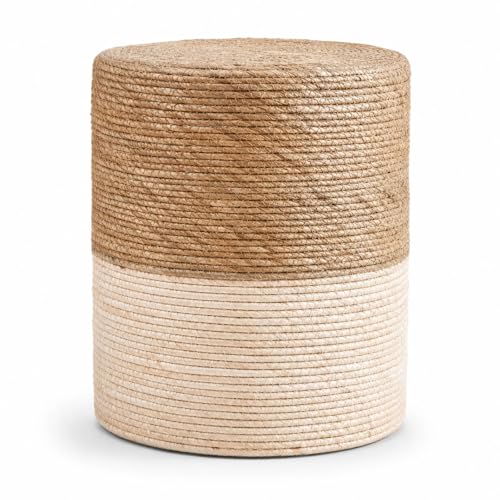 Wimarsbon Ottoman Poufs, 100% Natural Seagrass Pouffe, Hand Weave Round Footstool with Wood Frame, Sitting Braided Footrest, Home Boho Decorative Seat, Accent Chair for Living Room, Bedroom - color: 14inch Natural Cattail & White Corn Shell