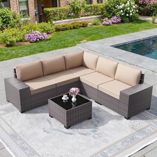 6 PCS Outdoor Patio Furniture Set,Outdoor Sectional Furniture All Weather PE Rattan Wicker Patio Conversation Set with Coffee Table and 5 Thickened Cushions,Sand - color: Sand, size: 6 High Backrest Sofa