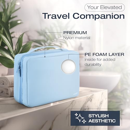 KAZAY Hanging Toiletry Bag with TSA Approved Detachable Pouch, Compact Travel Size Bag, Travel Toiletry Bag, Water Resistant, Premium Nylon, Travel Size Toiletries, Cosmetic Makeup Bag (Light Blue) - color: Light Blue