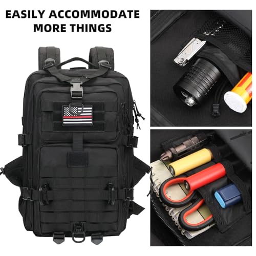 Hannibal Tactical MOLLE Assault Backpack, Tactical Backpack Military Army Camping Rucksack, 3-Day Pack Trip w/USA Flag Patch, D-Rings, Flag patch with water bottle - color: Flag Patch With Water Bottle