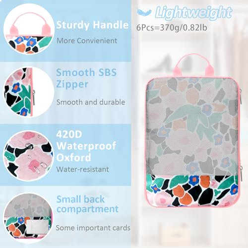 7 Piece Travel Compression Packing Cubes - Toiletry Kit Foldable Organizer Bags for Efficient Suitcase Packing - gingham print with lovely floral (Travel Essentials) - color: Black-1