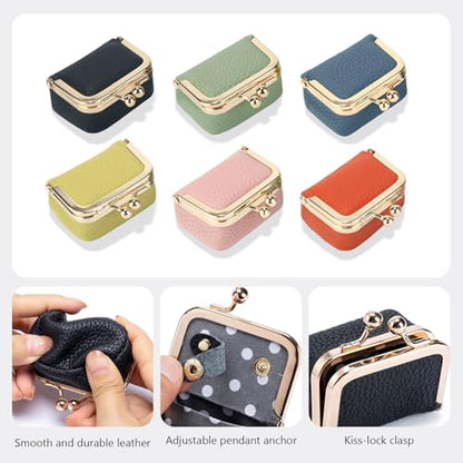 Genuine Leather Mini Jewelry Box Coin Purse for Women,Solid Color Kiss Lock Jewelry Case Organizer,Mini Travel Ring Box - color: Black