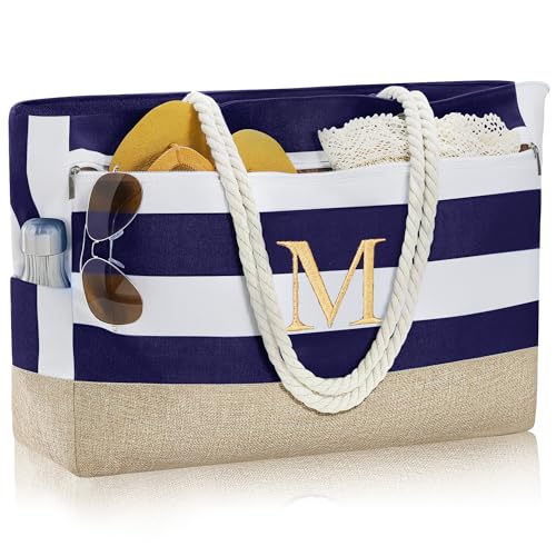 YOOLIFE Large Initial Beach Bag Waterproof Tote Zipper Bag Personalized Gifts for Women Her Birthday Travel Beach Essential - color: Dark Blue, style: M