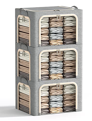 3 Opeings Large Clothes Storage Bins with Metal Frame, Foldable Storage Bin for Clothes, Clothing Storage Bins with Lid, Linen Storage Box With Clear Window＆ Zippers＆ Handles.(3 Pcs,Light Grey,66L) - color: Dark Grey, size: Large-(19.7 x 15.7 x 13)ines