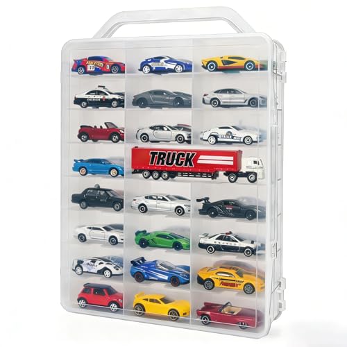 Double-Sided 1:64 Scale Toy Car Storage Case, 48-Slot Clear Organizer with Handle, Transparent Display & Storage Box Compatible with Most Die-Cast Model Cars (Case Only)