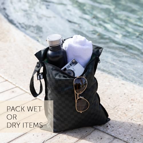 Bumkins and Roamio Waterproof Wet Bag, Wet/Dry Clutch & Clear Travel Bags - For Beach, Baby, Travel, Cloth Diapers, Pump Parts, Pool, Gym, Toiletries - Reusable & Easy to Clean - Black Check - 5 Pack - color: A4 Black Check 5pc
