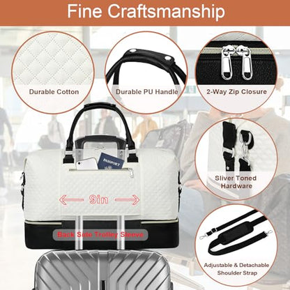 ITIEZY Weekender Overnight Bag for Women - Large Travel Duffel Bag with Shoe Compartment, Gym Duffel Bag Hospital Bag Carry On Tote Bags for Airplanes with Crossbody Bag Toiletry Bag 3Pcs Set - color: 6-Off White