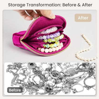 2026 New Travel Jewelry Case, Small Travel Jewelry Bag with Zipper, 5-Layer velvet Travel Jewelry Pouch for Bracelet Rings Earring, chain,pendants,Bracelet (Rose Violet) - color: Rose Violet