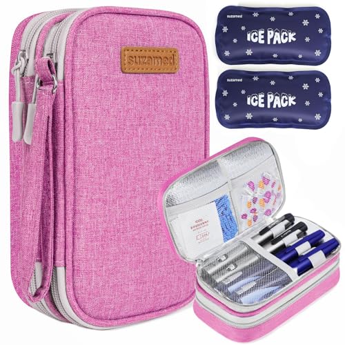 suzamed Insulin Cooler Travel Case, Double Layer Medicine Kit Diabetes Travel Case, Portable Medicine Organizer with 2Pack 150g Ice Pack TSA Approved for Insulin Pens Diabetic Supplies(Pink) - color: Pink